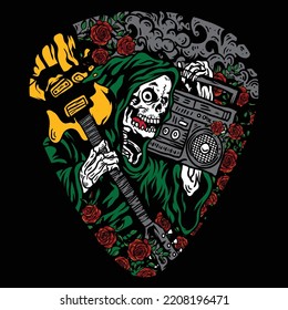 SKELETON WITH GUITAR ILLUSTRATION IN HALLOWEEN MOMENT 