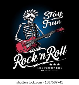 Skeleton con ilustración de guitarra, tipografía de rock musical, para gráficos de pantalones tee.