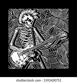 Skeleton with a guitar illustration, rock music typography, tee shirt graphics, vectors