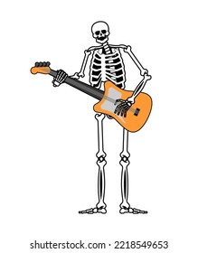 Skeleton with guitar. Skeleton musician. Electric guitar and dead man. Vector illustration