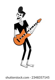 Skeleton with guitar in retro style of 60's-70's. Halloween skeleton character in rock style. Day of the Dead skeleton.