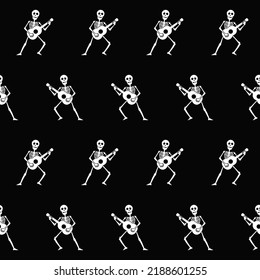 Skeleton guitarist seamless pattern. Musician for Halloween gift wrap, textile