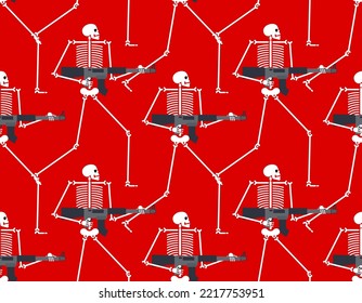 Skeleton with gun Pattern seamless. Сoncept of  army of death. Deadly Soldier Background. Vector texture
