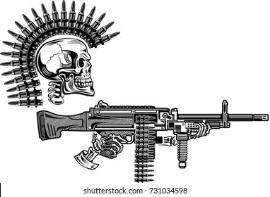 Skeleton With Guns Cartridges And Rifle Machine Gun