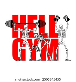 Skeleton gym logo. Hell GYM Skull and bones and sports. Sports dead man. Fitness bones. Skeletons and barbell and kettlebell