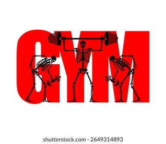 Logotipo da academia de esqueleto. Inferno GINÁSIO Caveira e ossos e esportes. Homem morto de esportes. Ossos de aptidão. Esqueletos e barbell e kettlebell