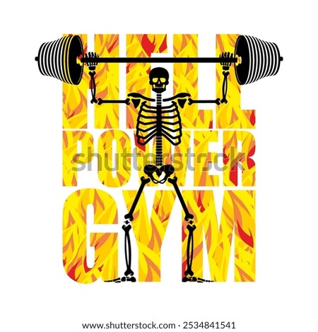Skeleton gym logo. Hell GYM Skull and bones and sports. Sports dead man. Fitness bones. Skeletons and barbell and kettlebell