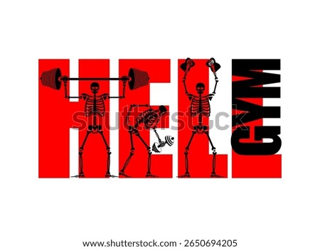 Skeleton gym logo. Hell GYM Skull and bones and sports. Sports dead man. Fitness bones. Skeletons and barbell and kettlebell