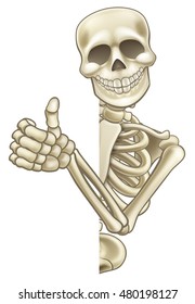 A skeleton Halloween cartoon character giving a thumbs up and peeking around a sign