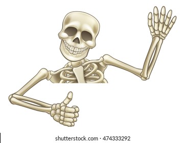 A skeleton Halloween cartoon character peeping over a sign waving and giving a thumbs up