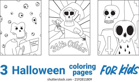 Skeleton Halloween Coloring Page for Kids. Coloring book for adult and kids. Black and White Cartoon Illustration.