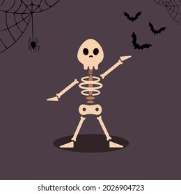 Skeleton, Halloween poster on a dark background with spiders and a bat