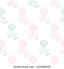 Skeleton Halloween Seamless Pattern. Cute wallpaper, holiday cover, card. Pastel colors scared Cartoon character isolated on white. Symbol of The Day of the Dead, Mexico. Printable Vector Illustration