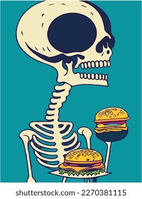 Skeleton and hamburgers on blue background. Vector illustration.