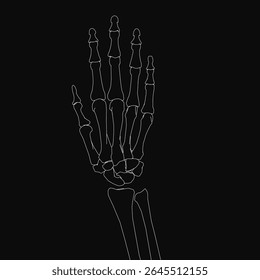 Skeleton hand in black and white, realistically detailed with visible bones, set against a dark background for striking contrast. The composition highlights anatomical accuracy and dramatic.