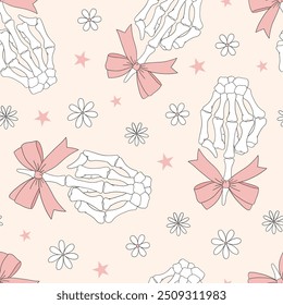 Skeleton hand with bow vector seamless pattern. Coquette Halloween background.