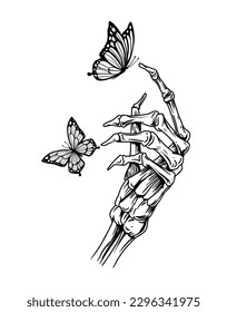 Mano de esqueleto con flor de mariposa. Esbozo vectorial dibujado a mano. Esquema negro sobre fondo transparente