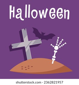 Skeleton hand comes out of a tomb. Scary atmosphere with bat silhouette. Flat vector illustration in cartoon style.