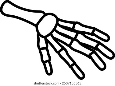 A skeleton hand is drawn in black on a white background. The skeleton hand is drawn in a very stylized way, with the fingers and bones clearly visible. Concept of fragility and mortality