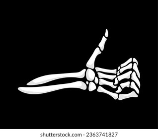 Skeleton hand extends with a bony thumb raised in a friendly thumbs-up gesture, a symbol of approval or positivity. Isolated vector spooky Halloween skeletal arm showing gesticulation