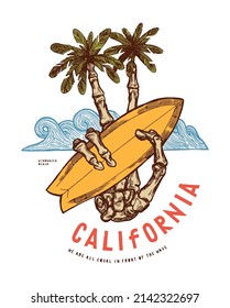 Skeleton hand with fingers palm-trees holding surfboard. California surfing vintage typography summer sports t-shirt print vector illustration.