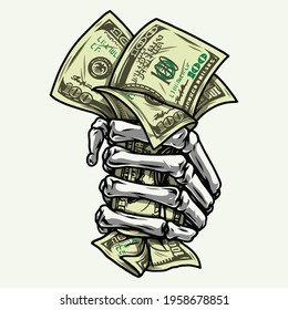 Skeleton hand in fist holding dollar bills on white background isolated vector illustration