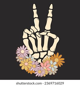 Skeleton Hand with flowers. Halloween clipart for halloween party, halloween designs, cards, invitations, fabrics, prints, stickers. Retro vector Illustration.