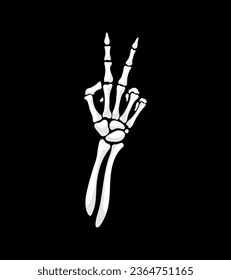 Skeleton hand forming the iconic V for victory gesture. Isolated vector skeletal arm with outstretched bony fingers, symbolizing triumph and success with eerie, Halloween charm