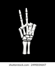 Skeleton hand forming the iconic V for victory or number two gesture. Isolated vector skeletal arm with outstretched bony fingers, symbolizing triumph and success with eerie, Halloween charm