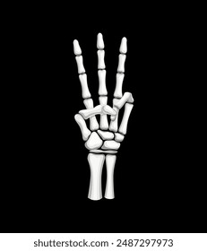 Skeleton hand forms a three-fingered gesture. Isolated vector Halloween skeletal arm creating a striking and eerie symbol with bony fingers extended, embodying a cryptic or mysterious message