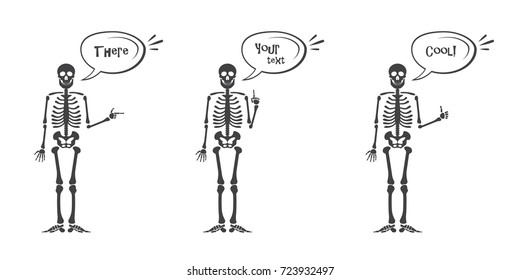 Skeleton hand gestures set. Human skeleton posing isolated on white background vector illustration