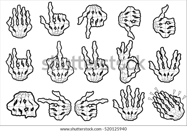 スケルトン手のジェスチャセット Ok 指を上げる 指を下げる こぶし 中指 ロックンホーン 手のひらを叩く 他の絵文字 のベクター画像素材 ロイヤリティフリー