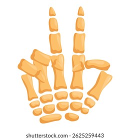 Skeleton hand gesturing peace sign with index and middle fingers raised, symbolizing victory, freedom, or protest