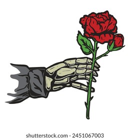 Mano de esqueleto dando ilusión de rosas rojas