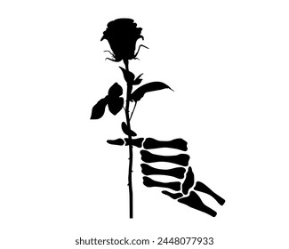 Skeleton hand giving rose flowers, gesture, gift, fingers, black flat vector, cut files