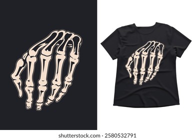 Skeleton hand, skeleton graphic, hand bones, spooky design, bone illustration, skeletal hand, gothic fashion, horror apparel, creepy art, anatomical drawing, skeleton art