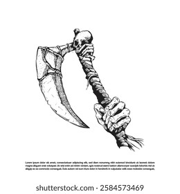 skeleton hand gripping a scythe. curved scythe blade with skull head illustration