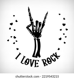 Skeleton Hand With Halloween Quote I Love Rock. Heavy Metal Hand Sign. Halloween Party Template For Home Decoration, Laser Cut, Crafting. Vector Illustration