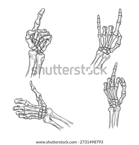 Skeleton hand in a heavy metal gesture, black and white sketch. Vector illustration. Drawing in simple style, set isolated on white background. Suitable for labels, Halloween signs. Not AI