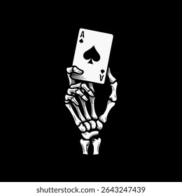 Esqueleto mão segurando Ás de Espadas cartão. Ás de Espadas Esqueleto Mão Ilustração. Poker Mão Skull Jogando Cartas Design. Imagem do jogador de cartas de esqueleto gótico. Macabre Card Game Arte Gráfica