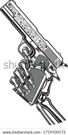 skeleton hand holding automatic pistol