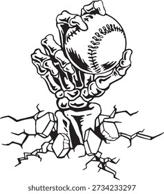 Esqueleto de la mano que sostiene el béisbol Ilustración vectorial deportiva en blanco y negro