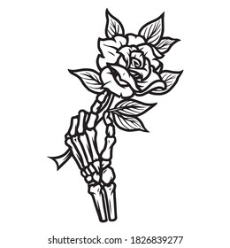 Skeleton hand holding beautiful rose in vintage monochrome style isolated vector illustration