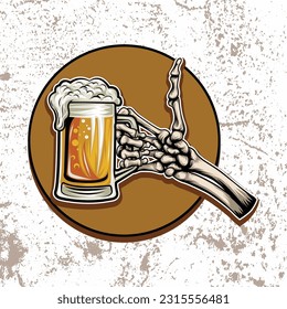 Skeleton hand holding beer glass, vector art