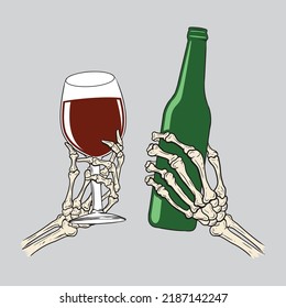 skeleton hand holding beer and wine