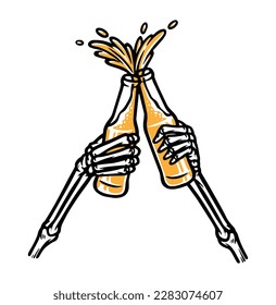 Skeleton Hand, die eine Flasche Bier hält