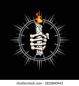 Skeleton hand holding candle in vector illustration