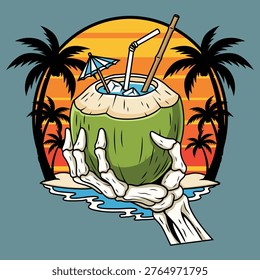 Skeleton Hand Holding Coconut Drink on Tropical Beach Sunset Retro Summer Vector Illustration