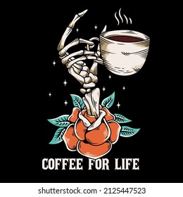 skeleton hand holding a cup of coffee and grow from a rose