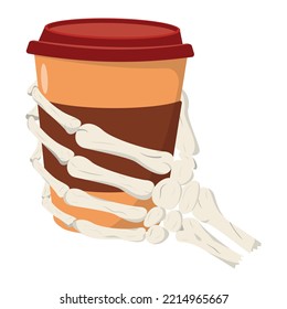 Skeleton hand holding a cup of coffee vector illustration. Isolated on white background.